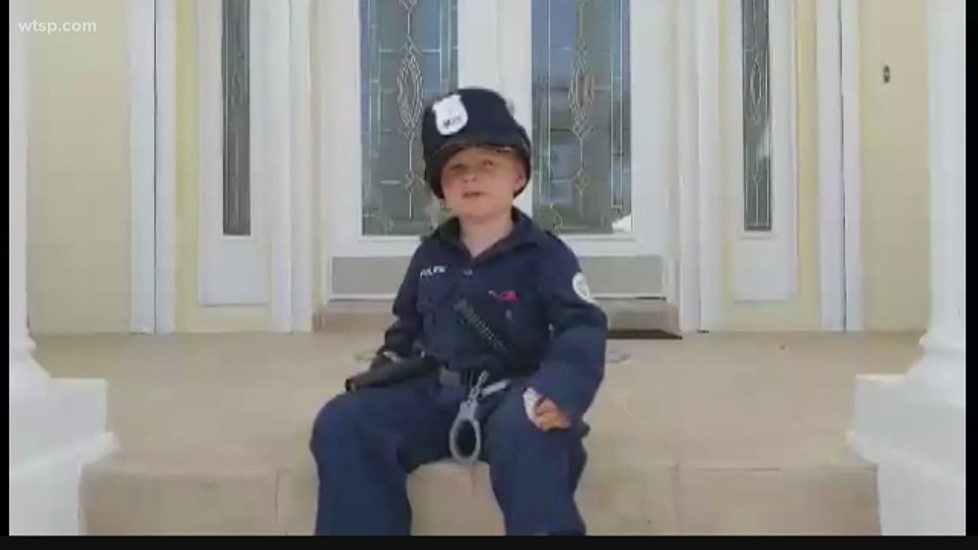 Clearwater Police sergeant Bill Hodgson surprised Matthew Lenhart while the three-year-old was out patrolling the neighborhood in a Halloween costume.