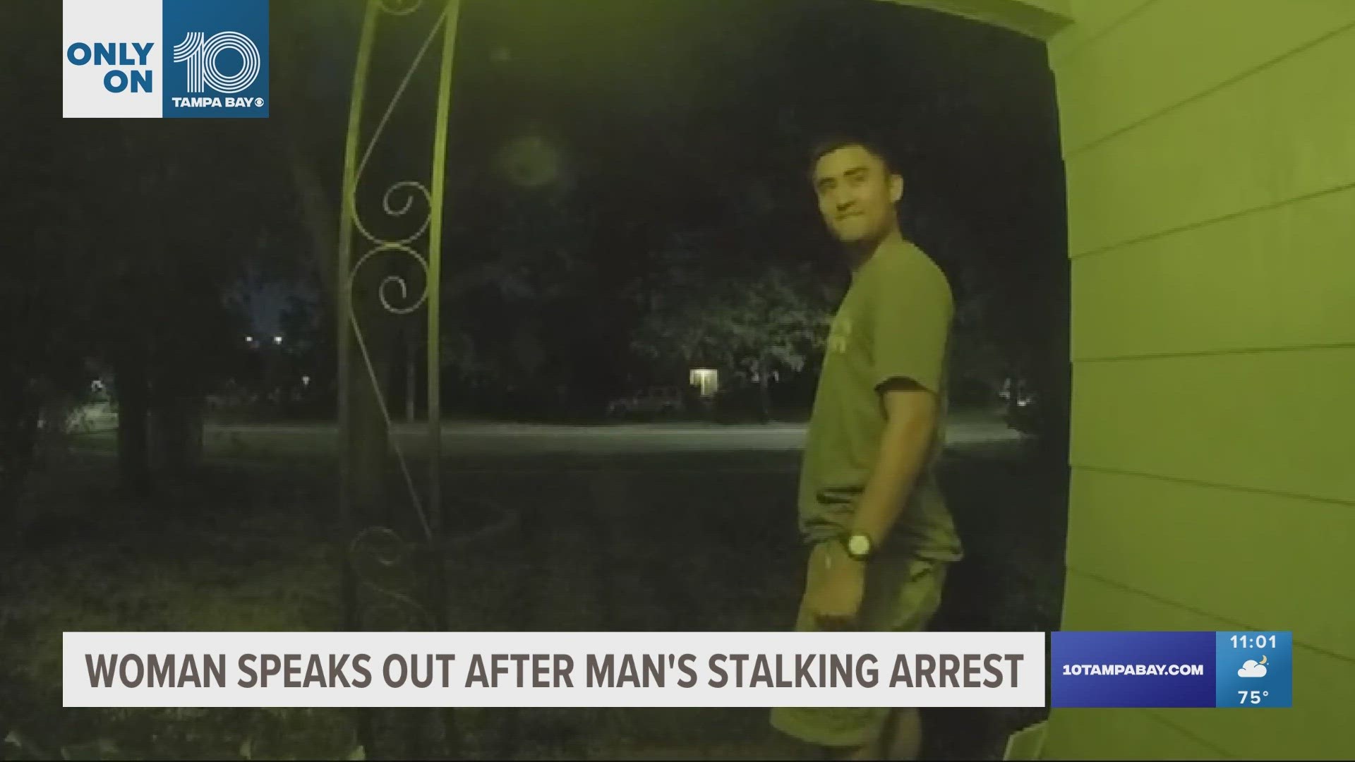 The woman shared how a neighbor stopped the accused stalker from getting into her home.