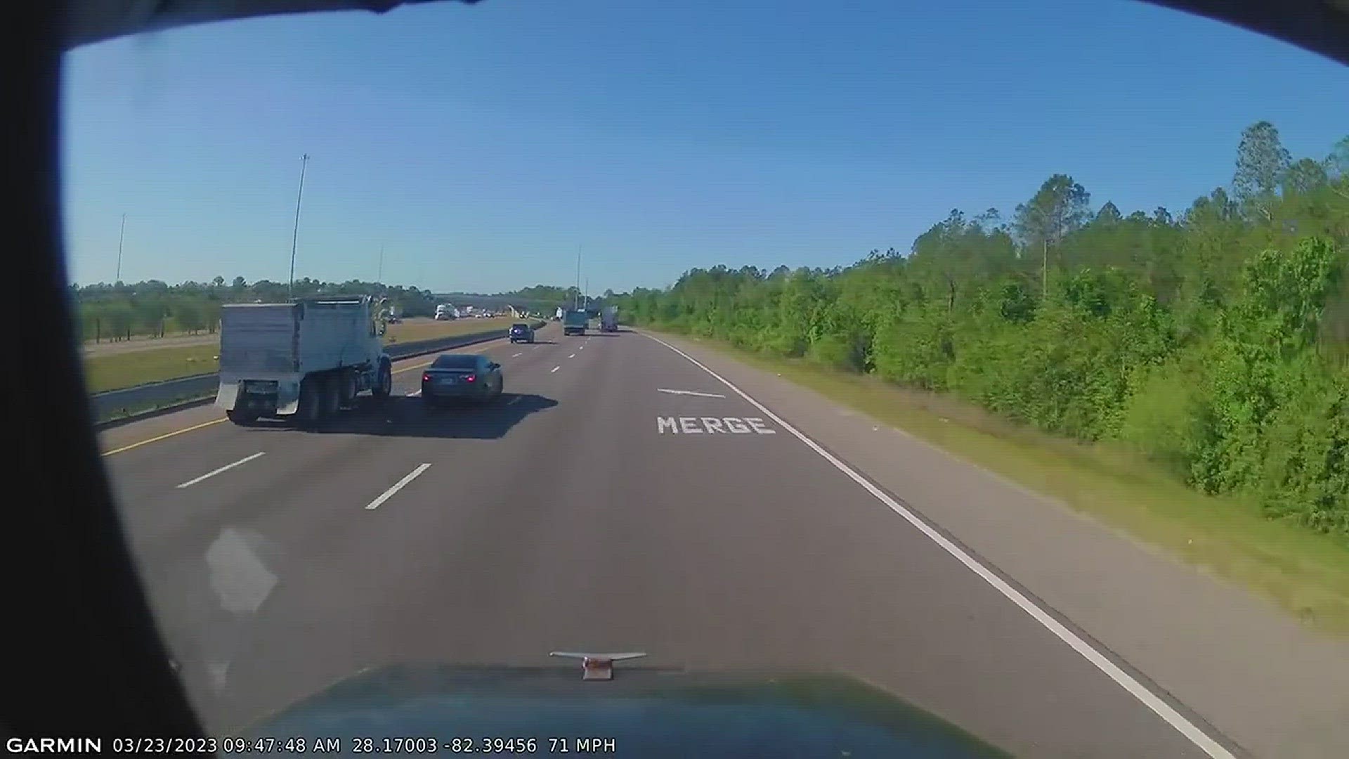 Florida Highway Patrol troopers are looking for a driver of a Toyota sedan who "cut off a dump truck" on I-75 causing a crash involving two semis.