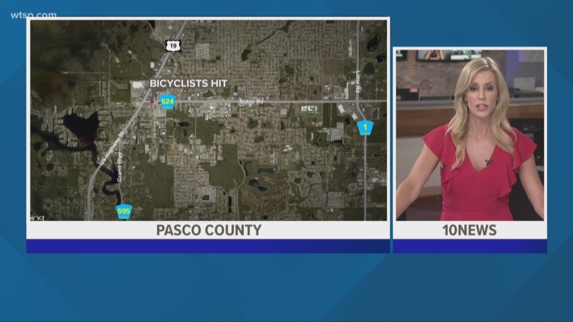 Four people were hurt, three of them badly, during a hit-and-run crash, officials said.

According to Pasco County Fire Rescue, a vehicle was headed east Monday evening on Ridge Road at U.S. 19 and Leo Kidd when its liftgate came loose and fell open. The gate hit four bicyclists.