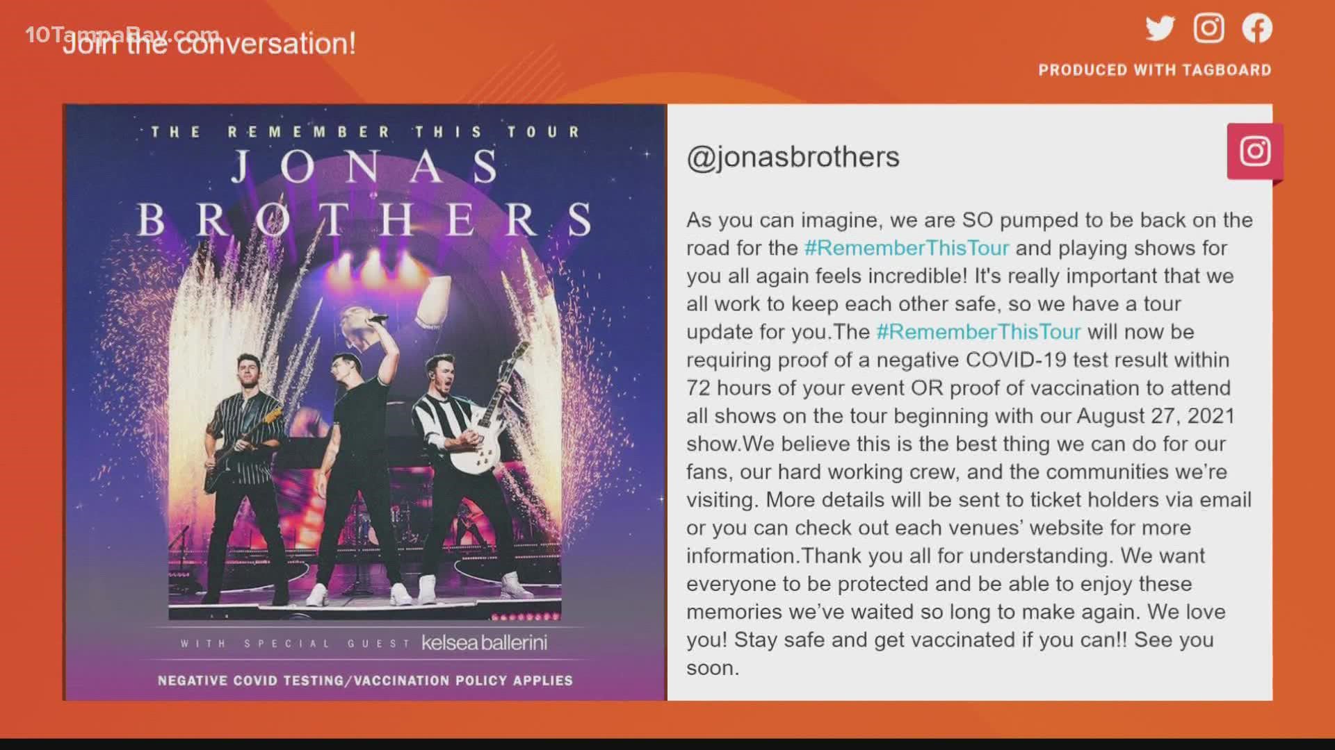 The Jonas Brothers are coming to the MidFlorida Credit Union Amphitheater on Oct. 16.