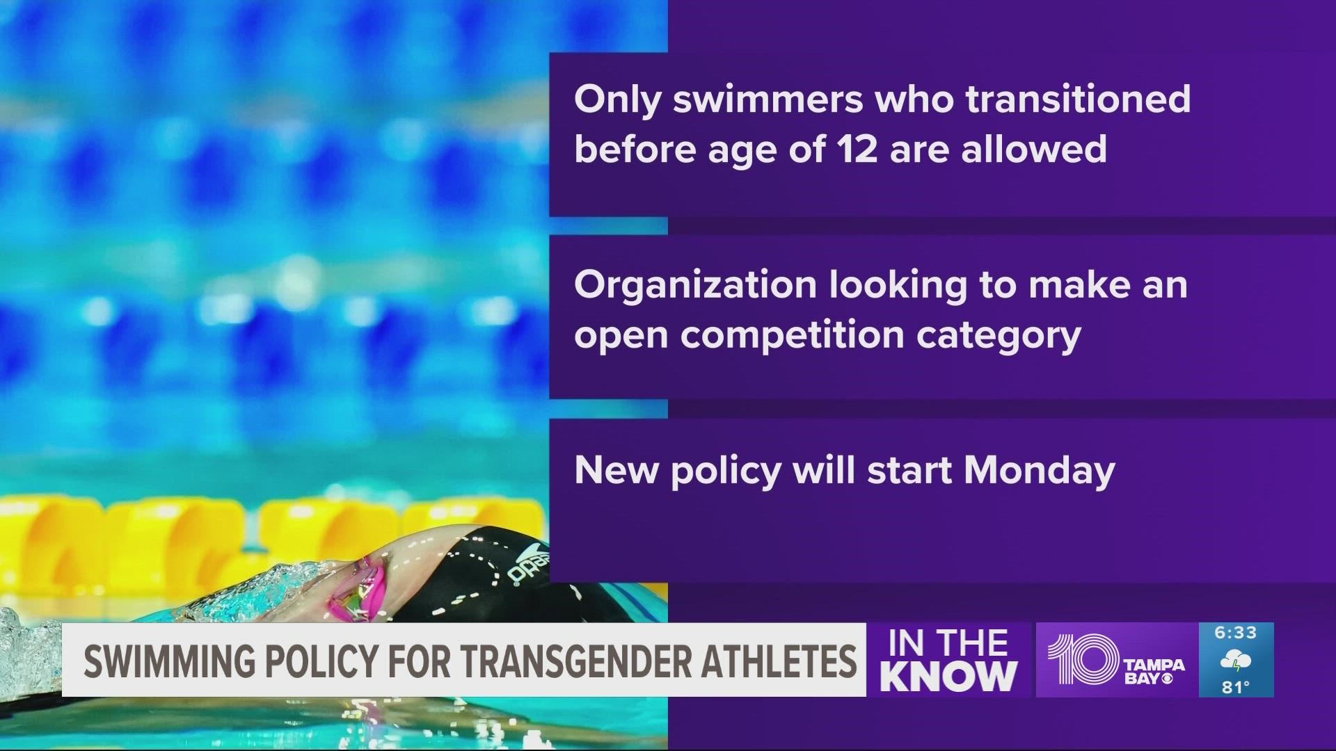 The new policy only permits swimmers who transitioned before age 12 to compete in women’s events.