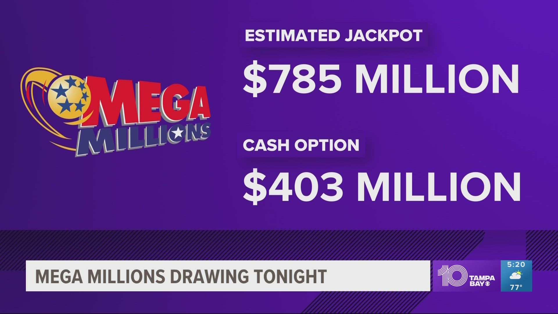 What time is the Mega Millions drawing tonight? 785M prize Tues
