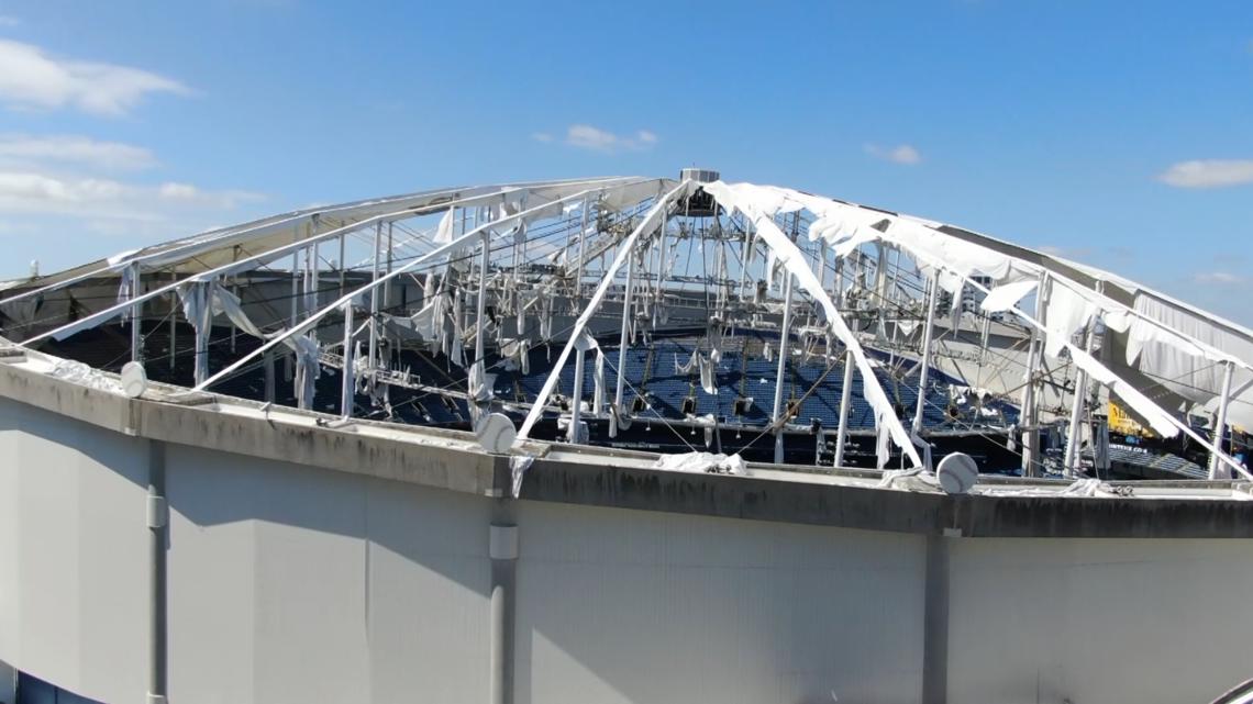 Drone video shows damage to Tropicana Field after Milton