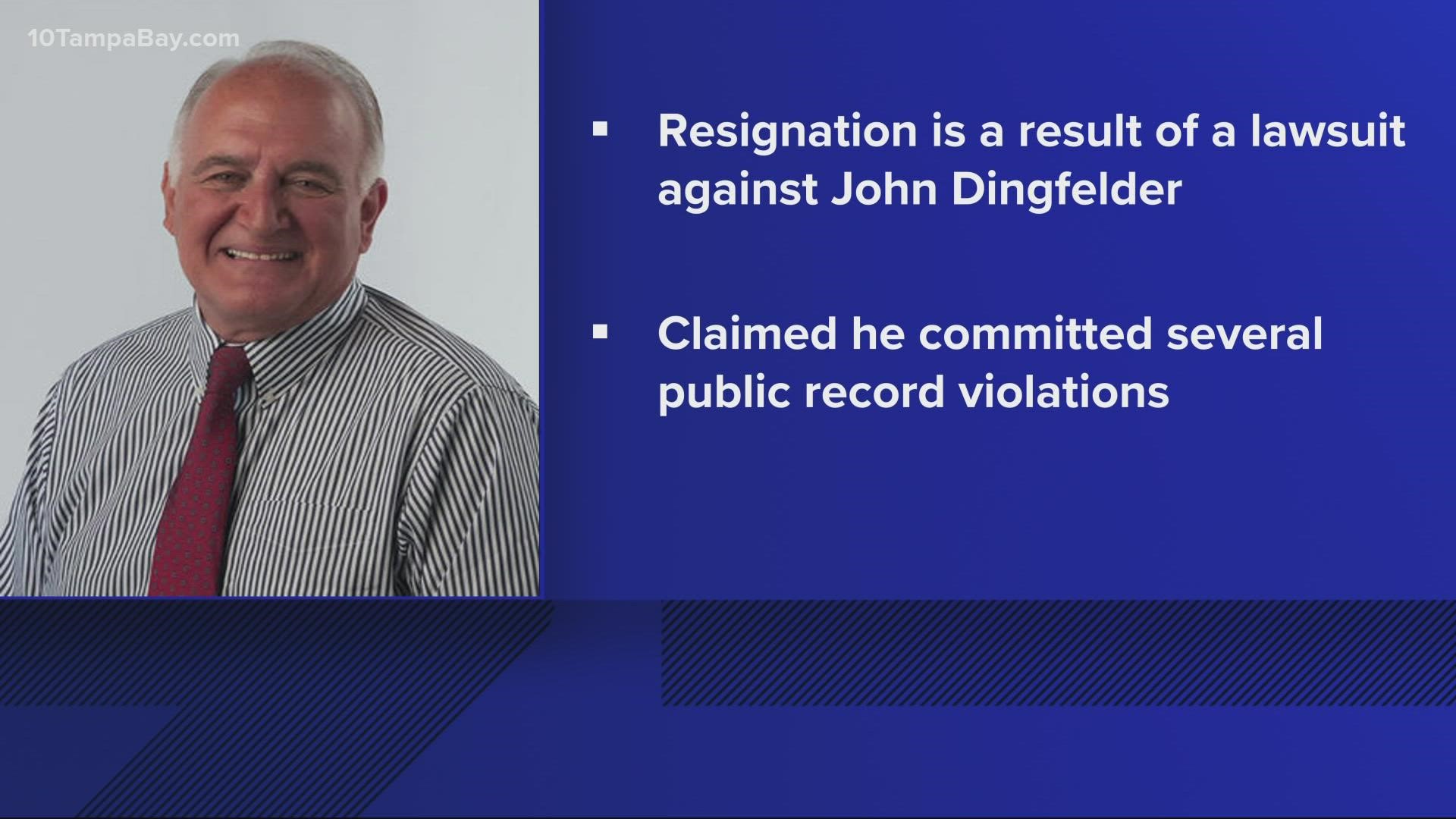 His resignation is part of a settlement agreement filed in Hillsborough County Circuit Court stemming from allegations he violated public records laws.