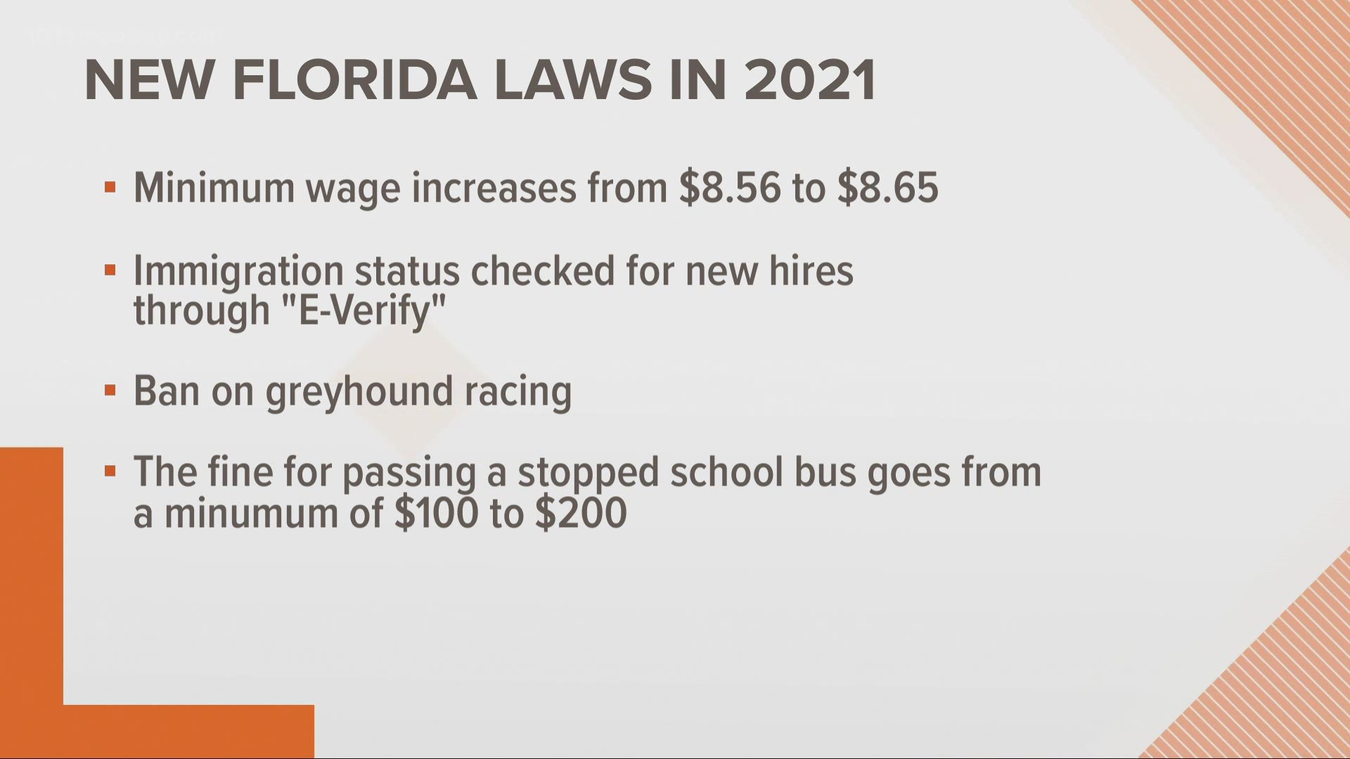 On New Year's Day, people living in the Sunshine State will see changes to minimum wage, greyhound racing, and school bus safety.