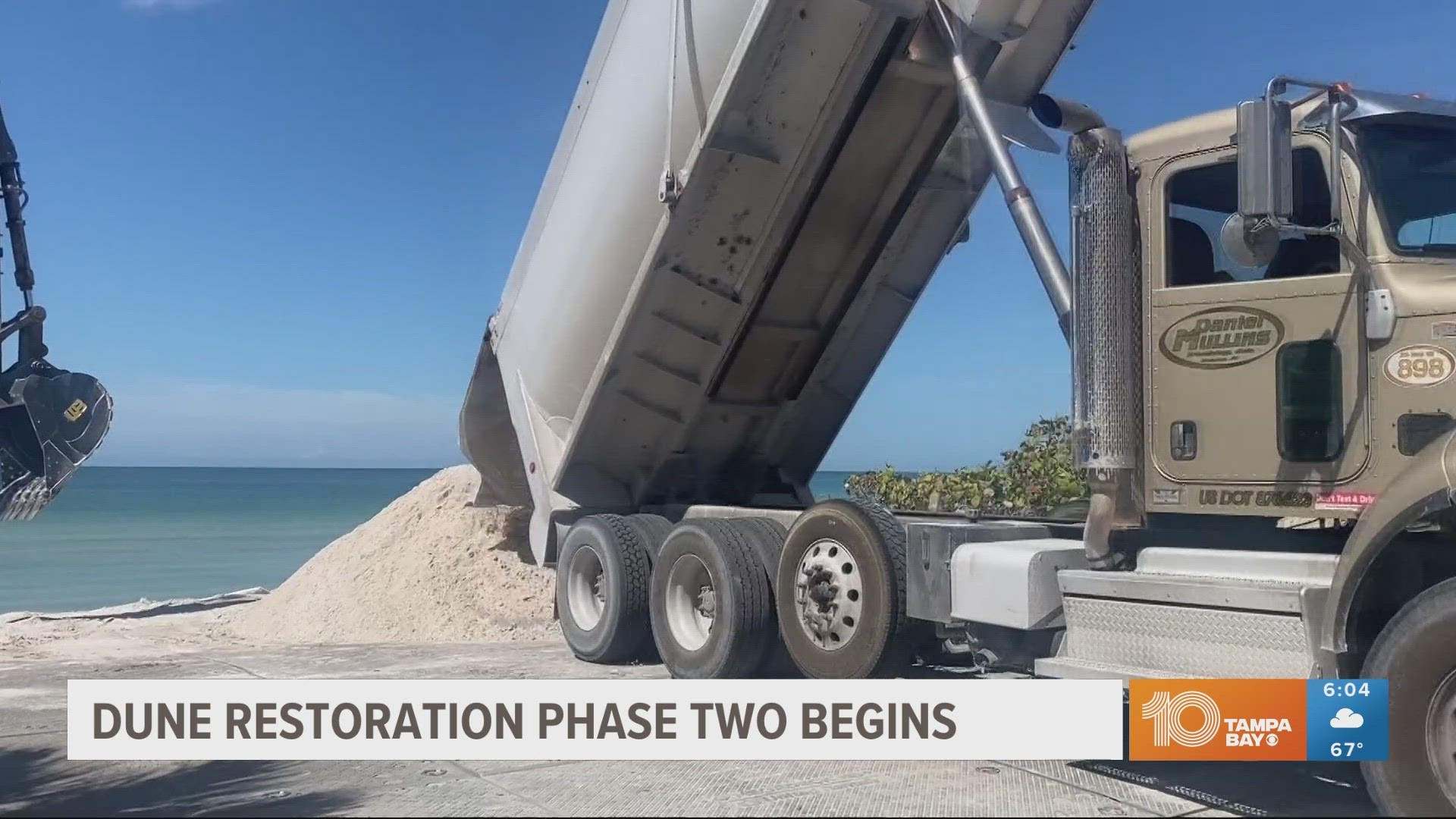 Andrea Lyon reports from Treasure Island where crews are beginning the next phase of restoring dunes that were severely damaged by Hurricane Idalia