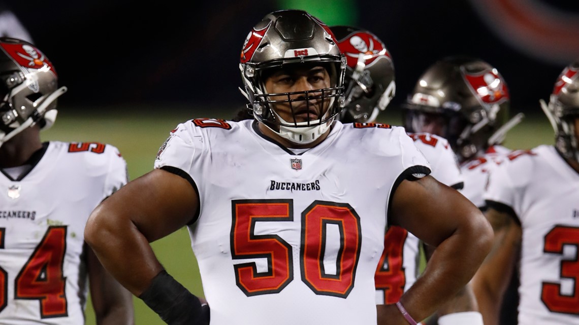 Tampa Bay Buccaneers defensive tackle Vita Vea (50) looks on between plays  during the second half of an NFL football game against the Washington  Football Team, Sunday, Nov. 14, 2021, in Landover