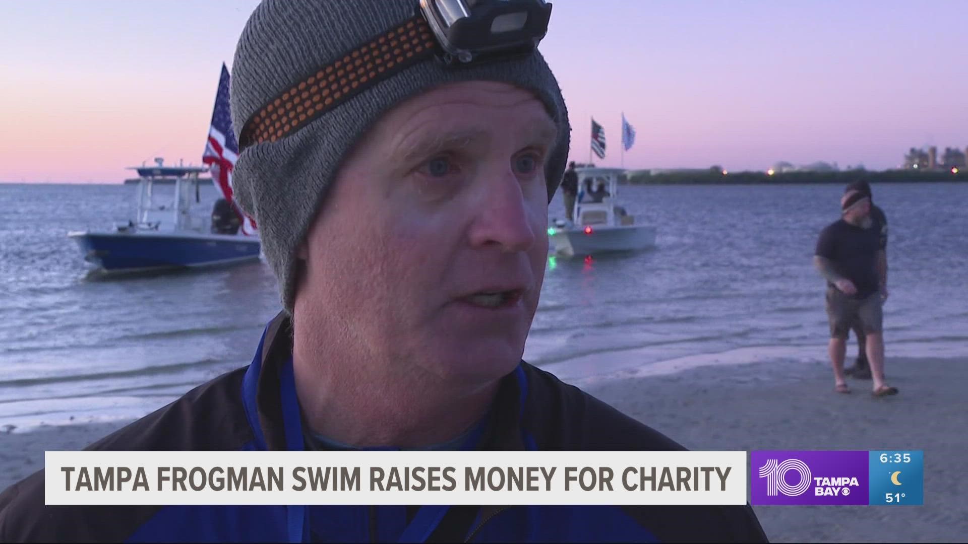 Some 150 swimmers braved the cold temperatures Sunday morning to swim from St. Petersburg to Tampa for the annual Tampa Bay Frogman event.