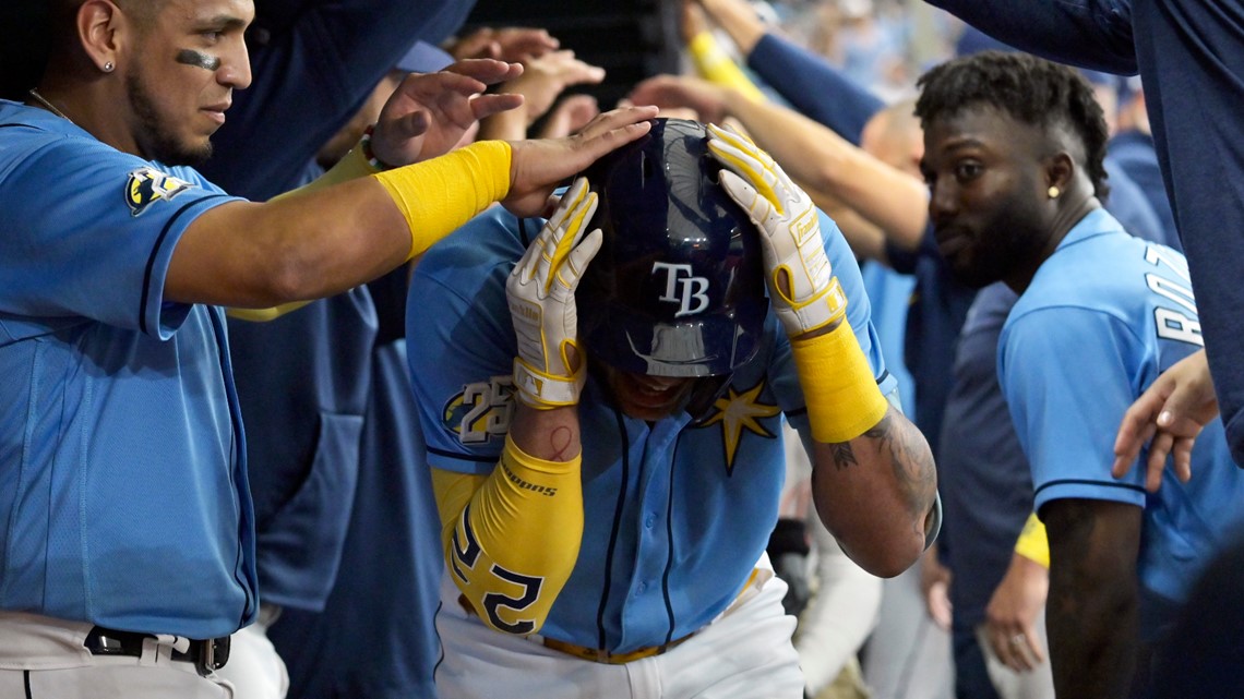 Wander Franco of the Tampa Bay Rays hits a foul in the third