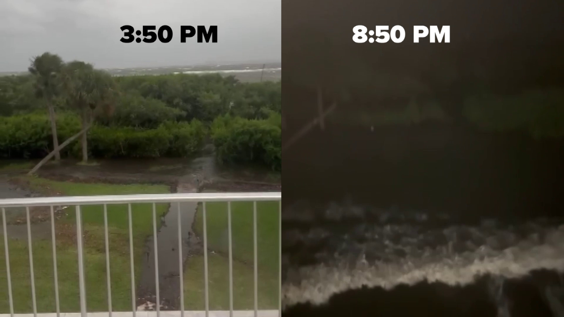 Videos taken five hours apart show the impact of Hurricane Helene's storm surge on the backyard of a home in Bradenton, Florida on Thursday, Sept. 27.