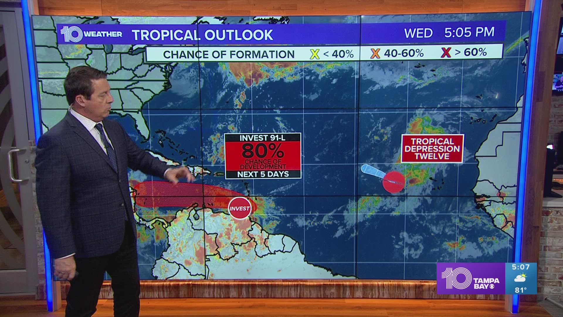 A tropical wave moving through the southern Windward Islands and into the southwestern Caribbean is likely to become a tropical depression as it tracks west.
