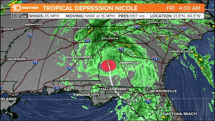 Nicole continues to bring heavy rains to southeastern US as tropical depression