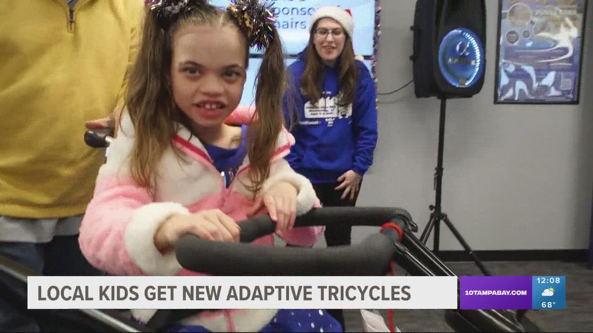 The special therapy tricycles help the kids practice balance and increase strength.
