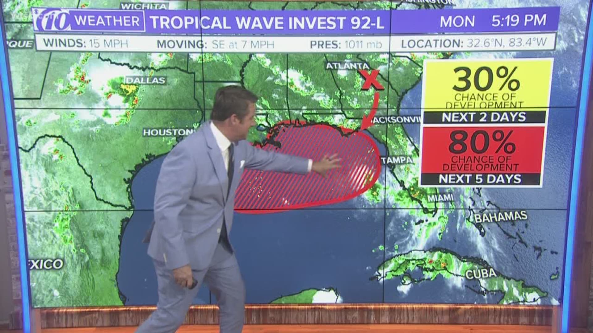 Tropical development is possible during the next several days in the Gulf of Mexico.

The National Hurricane Center says a low-pressure area could form this week off the Florida Panhandle. It could strengthen as it hangs over the northern Gulf.

As of 2 p.m. Monday, the NHC said there is an 80-percent chance of a tropical cyclone formation during the next five days. Earlier this weekend, the hurricane center had given the system a lower chance of forming.