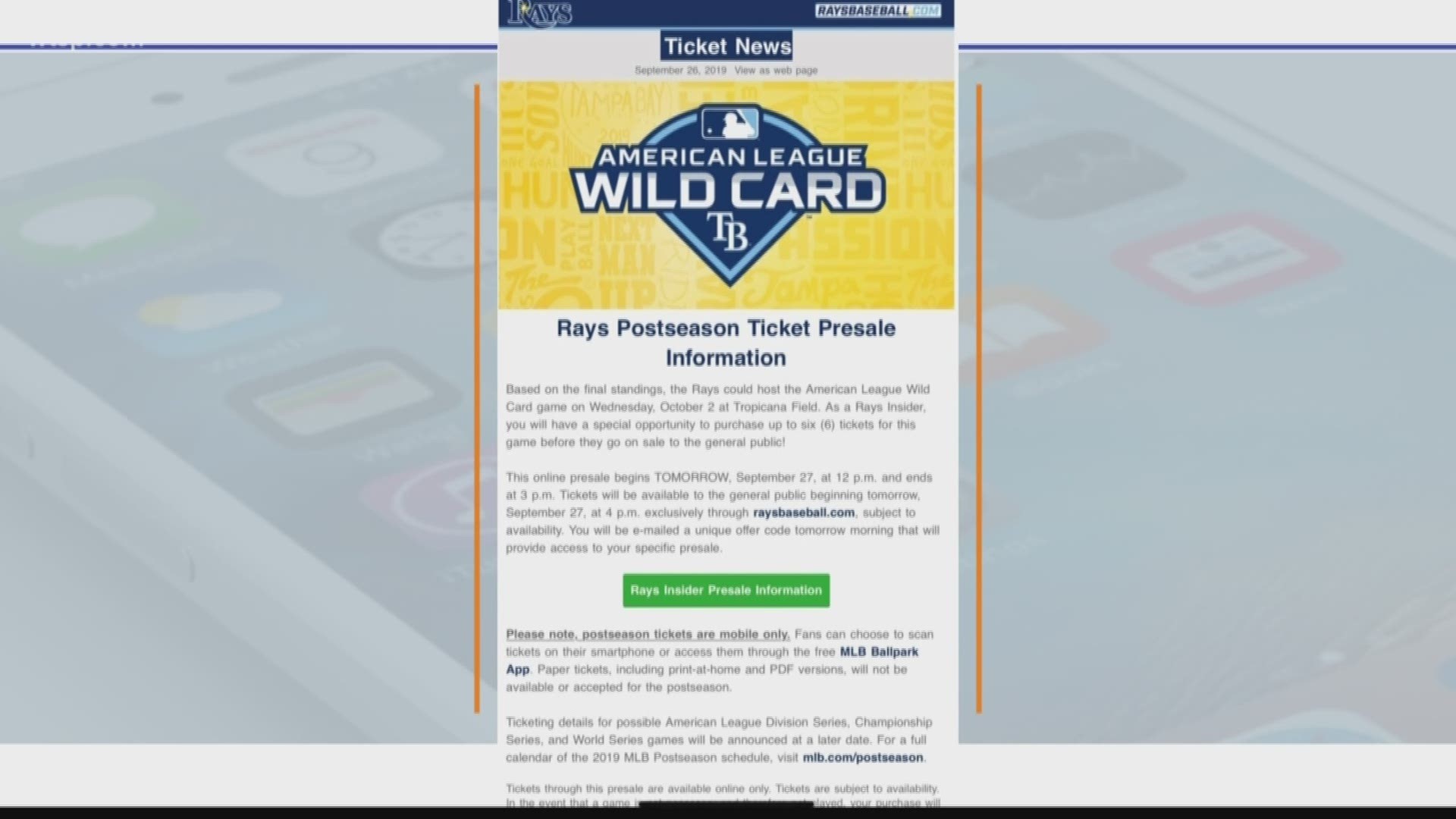 How to get tickets if the Rays host a Wild Card game wtsp