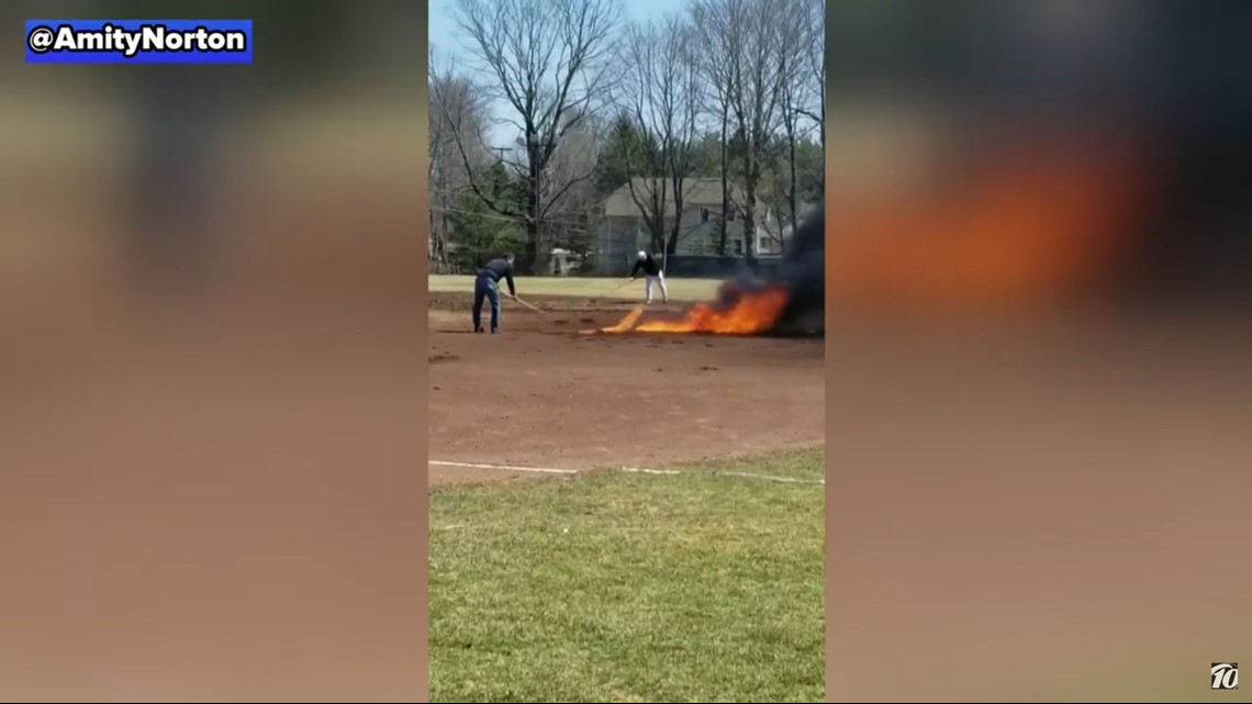 Gas poured on wet Connecticut baseball field sets it on fire