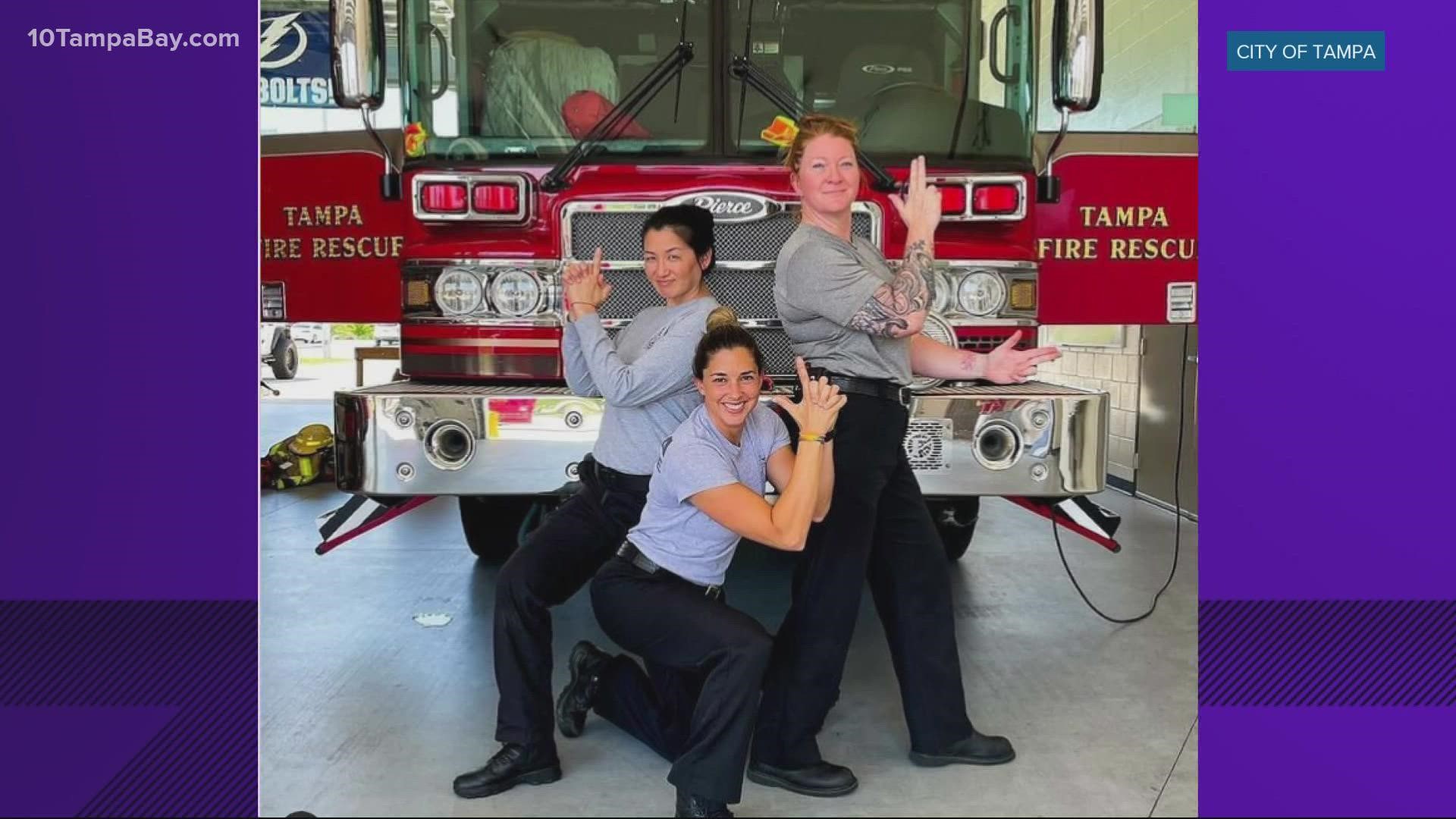 Just in time for Women's History Month, Tampa Fire Rescue celebrated its all-female engine crew, dubbed "Charlie's Angels."