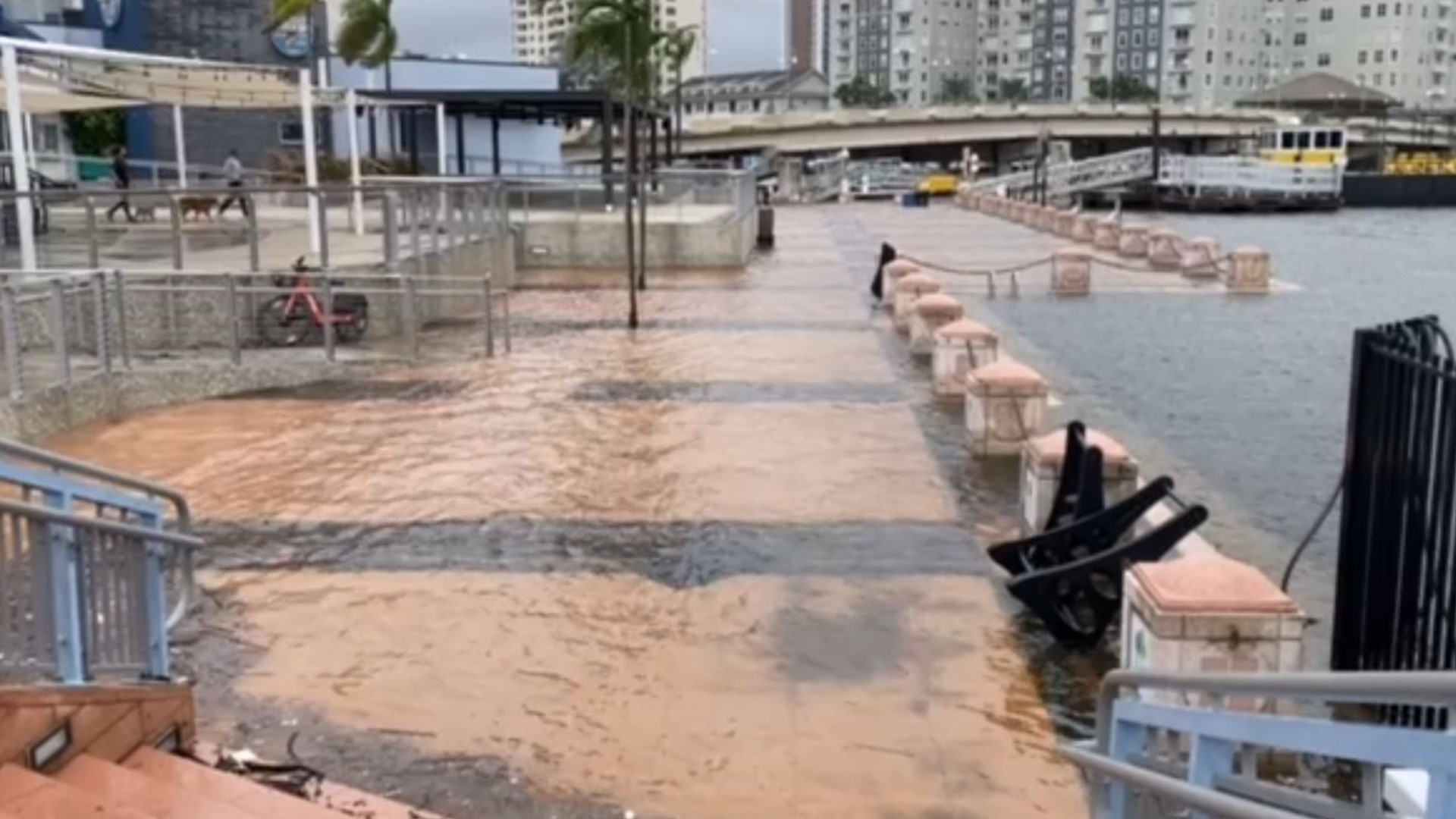 Along with the water, pounds of debris were left covering the Riverwalk – lining the walkways with trash.