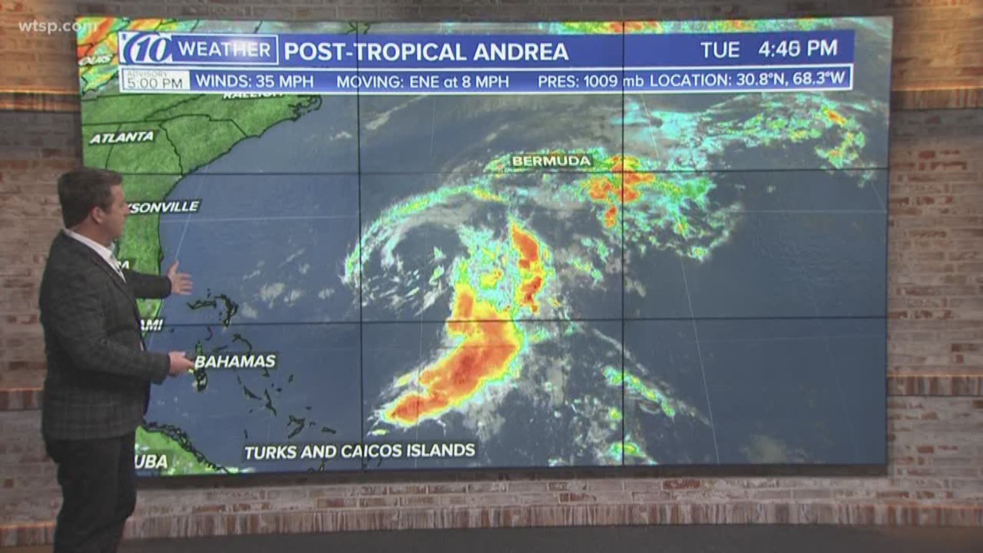 Andrea, we hardly knew you.

The National Hurricane Center issued its last advisory on the Atlantic disturbance, calling it a "remnant low" and expects it to dissipate by Wednesday morning.

As of the 5 p.m. Tuesday advisory, Andrea was located about 230 miles west-southwest of Bermuda and moving east-northeast at 8 mph.

Its maximum sustained winds were listed at 35 mph.