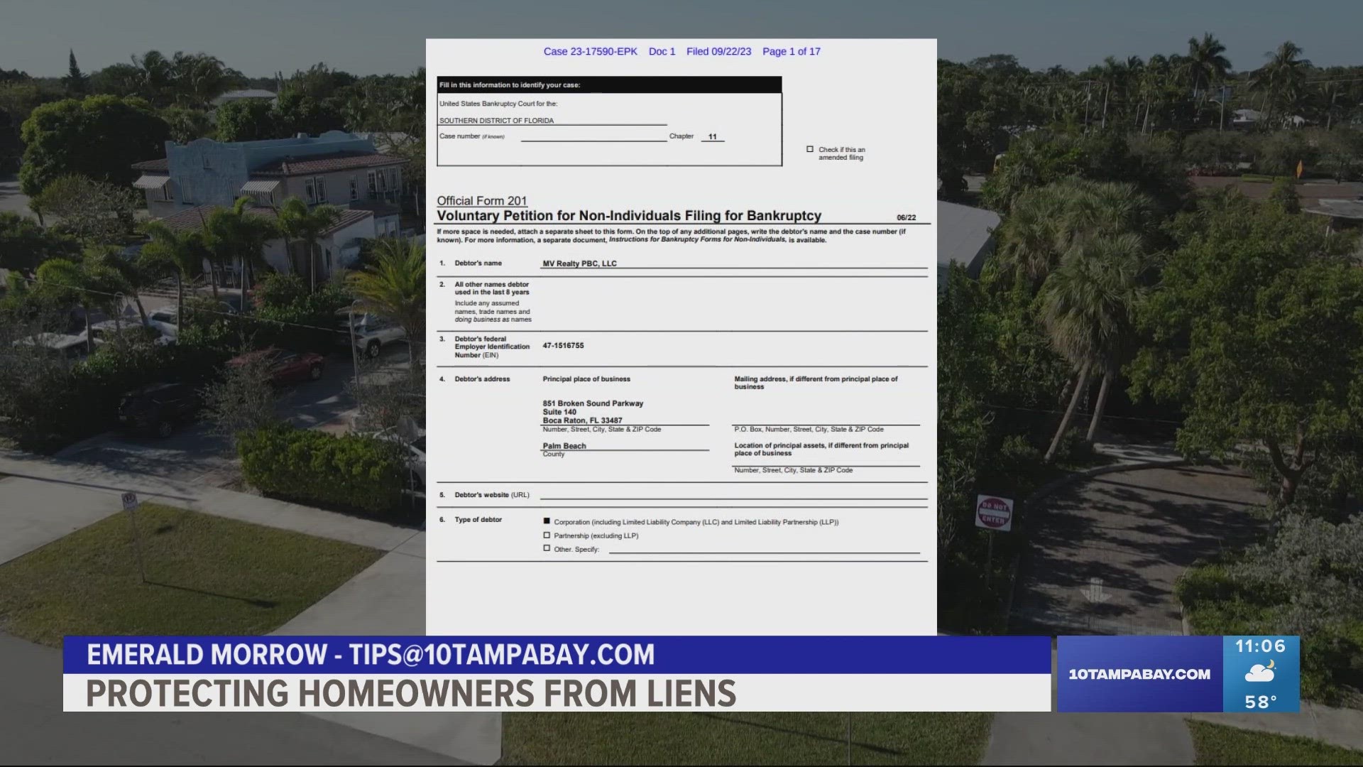 Florida's attorney general wants MV Realty to remove liens it recorded against homeowners. A judge says a hearing will have to wait until a bankruptcy court ruling.