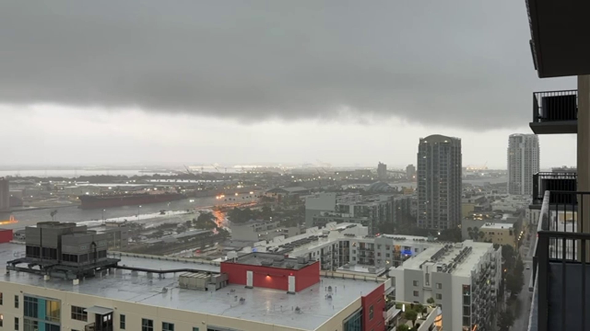 Strong storms seen producing heavy rain and gusty winds move through the downtown Tampa area on Tuesday, Jan. 9.