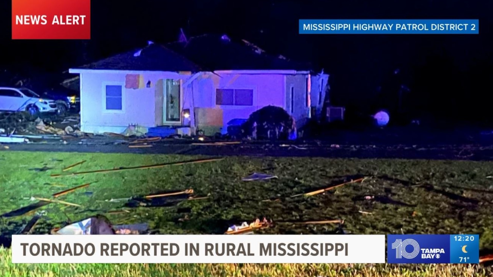 The National Weather Service confirmed a tornado caused damage about 60 miles northeast of Jackson, Mississippi.
