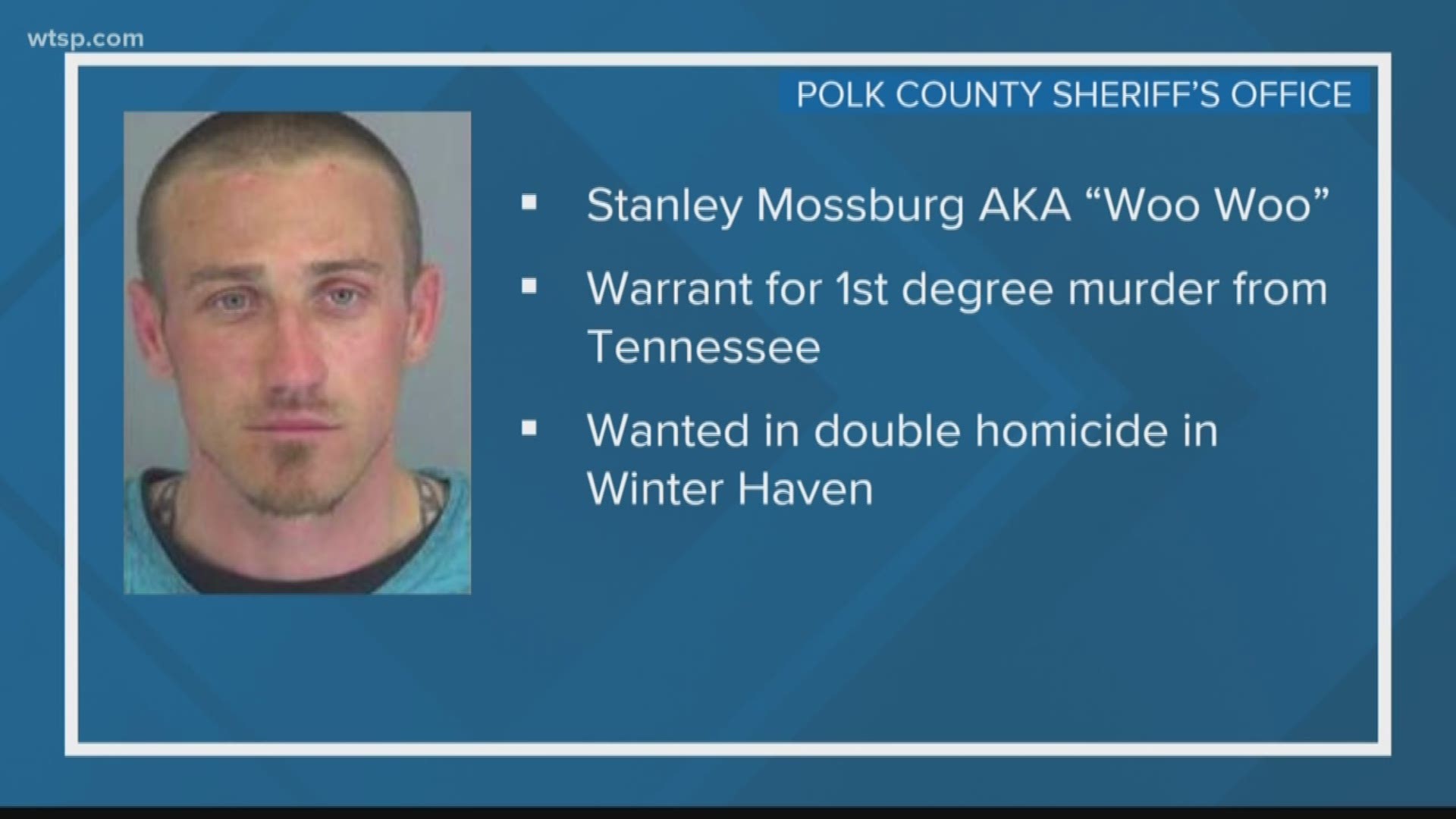 Stanley Eric Mossburg, 35, who also goes by the nickname "Woo Woo," last was seen driving a stolen 2013 black Hyundai Tuscon, the sheriff's office says.