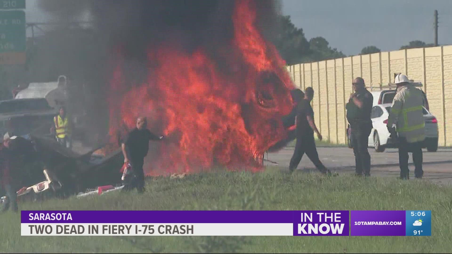 The food truck they were traveling in lost a tire, causing it to overturn and catch on fire.
