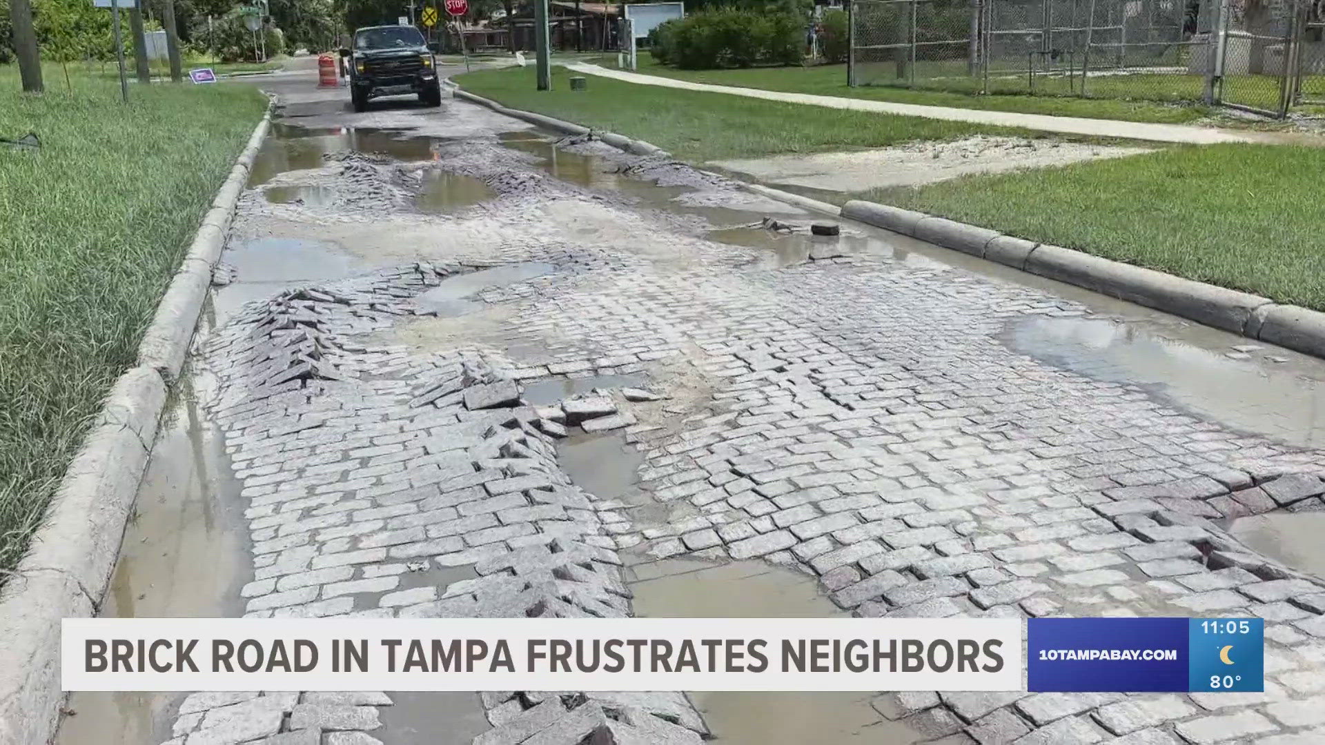 West Prescott Street's brick road has been washed out and repaired twice.