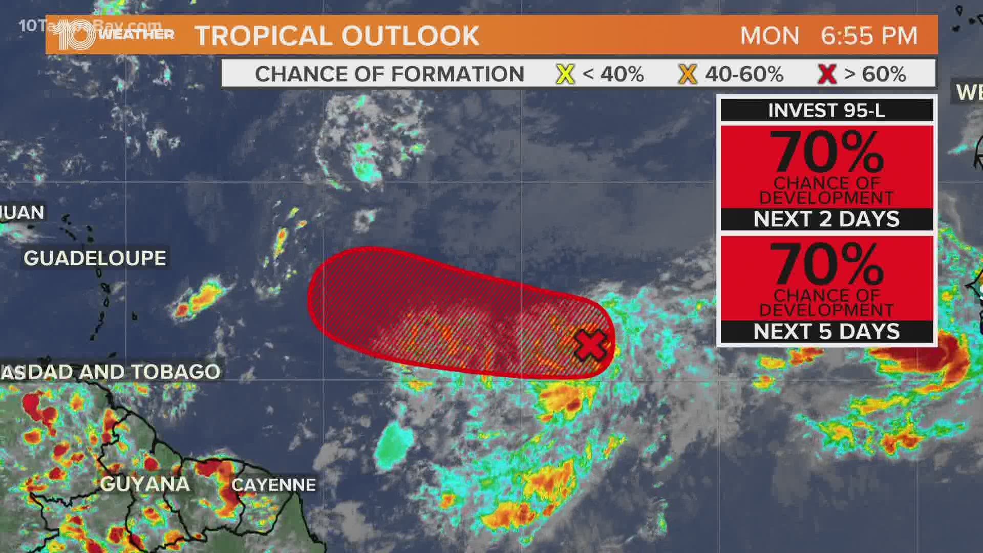 The National Hurricane Center gives the disturbance a 70-percent chance of development.