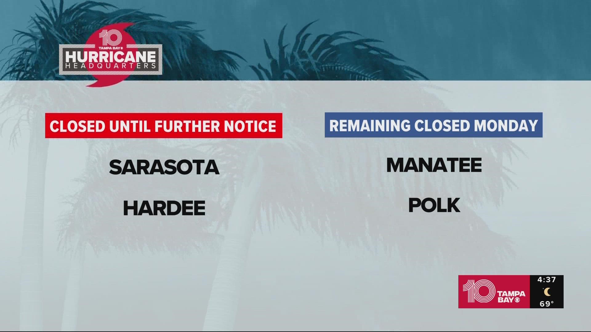 Several Tampa Bay-area school districts have announced closures and other schedule changes due to the impacts of Hurricane Ian.