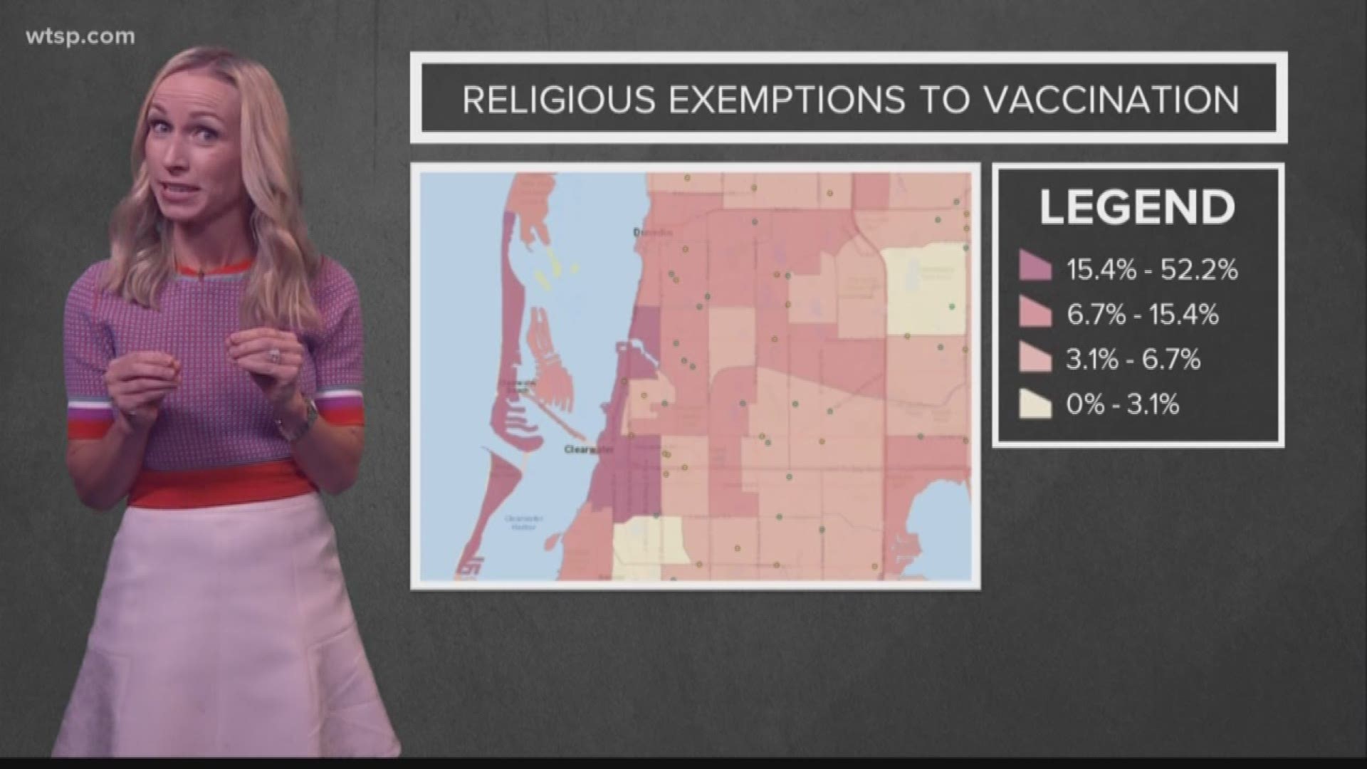 The Florida Department of Health provides an interactive map that allows you to see how prevalent religious exemptions from vaccinations are where you live.

As the legend indicates, the darker the color, the more kids with religious exemptions in a particular cluster.