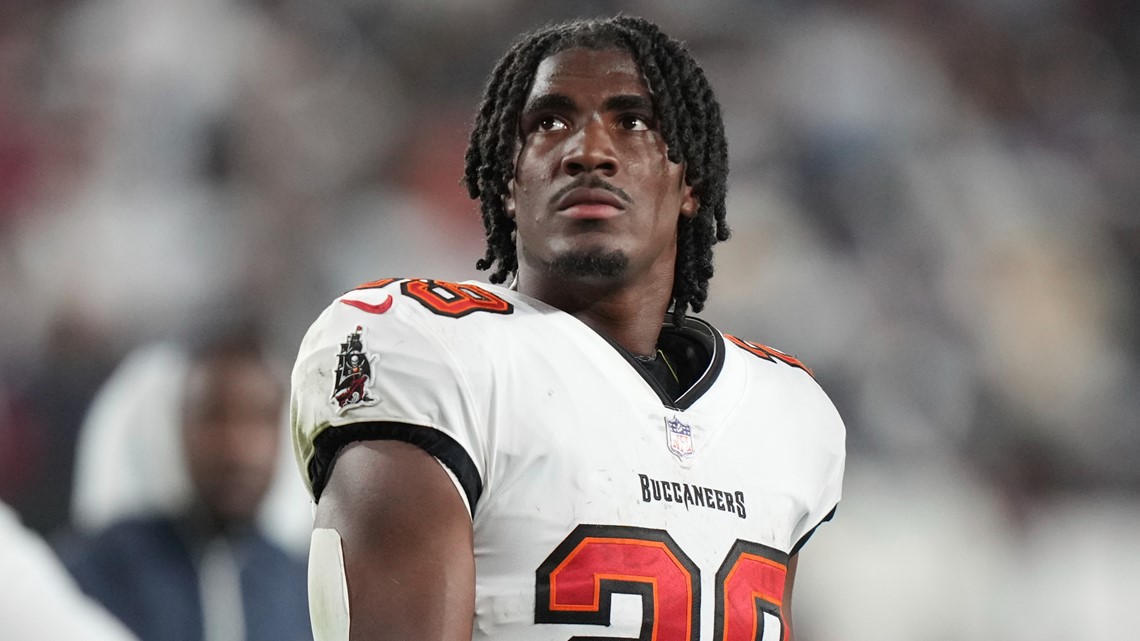 Tampa Bay Buccaneers running back Rachaad White (29) lines up during the  first half of an NFL football game against the Atlanta Falcons, Sunday,  Jan. 8, 2023, in Atlanta. The Atlanta Falcons