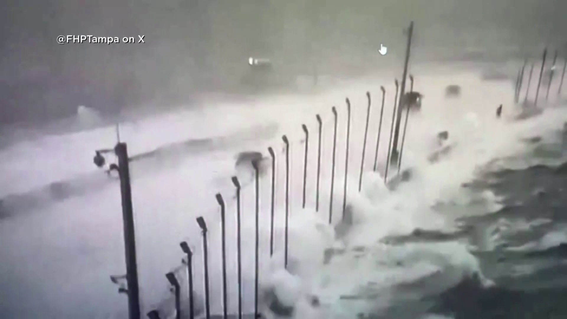 As Hurricane Helene approached Tampa Bay on Thursday, waves crashed into the Howard Frankland Bridge, almost completely covering the road.