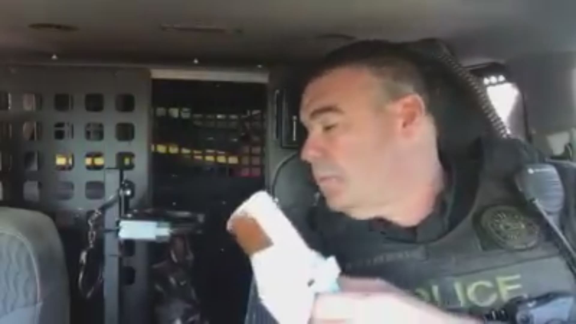 K9 Bruno chowed down on ice cream as a dispatcher sang his praises.