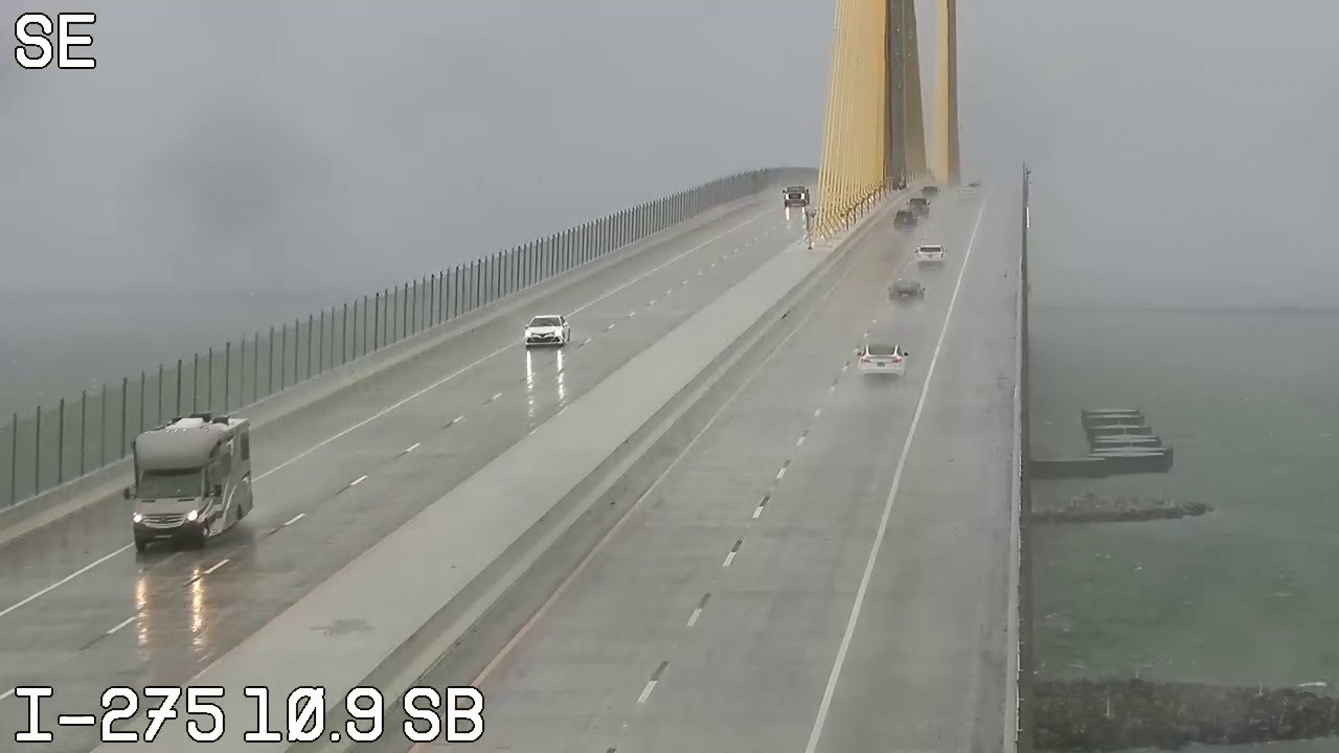 Drivers are urged to use caution while traveling across the Sunshine Skyway Bridge over Tampa Bay, where a high wind warning is in effect.