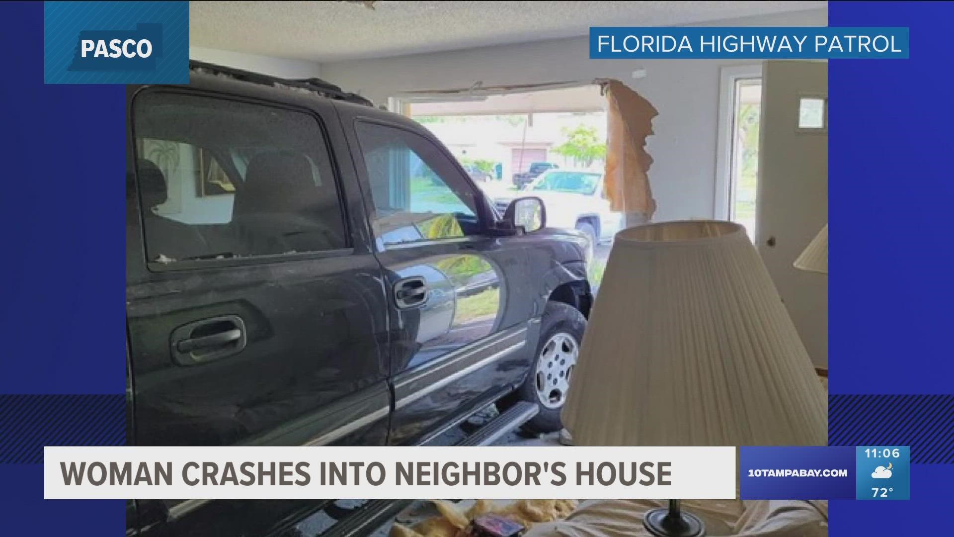 Luckily, no one was inside the house during the crash, according to FHP.