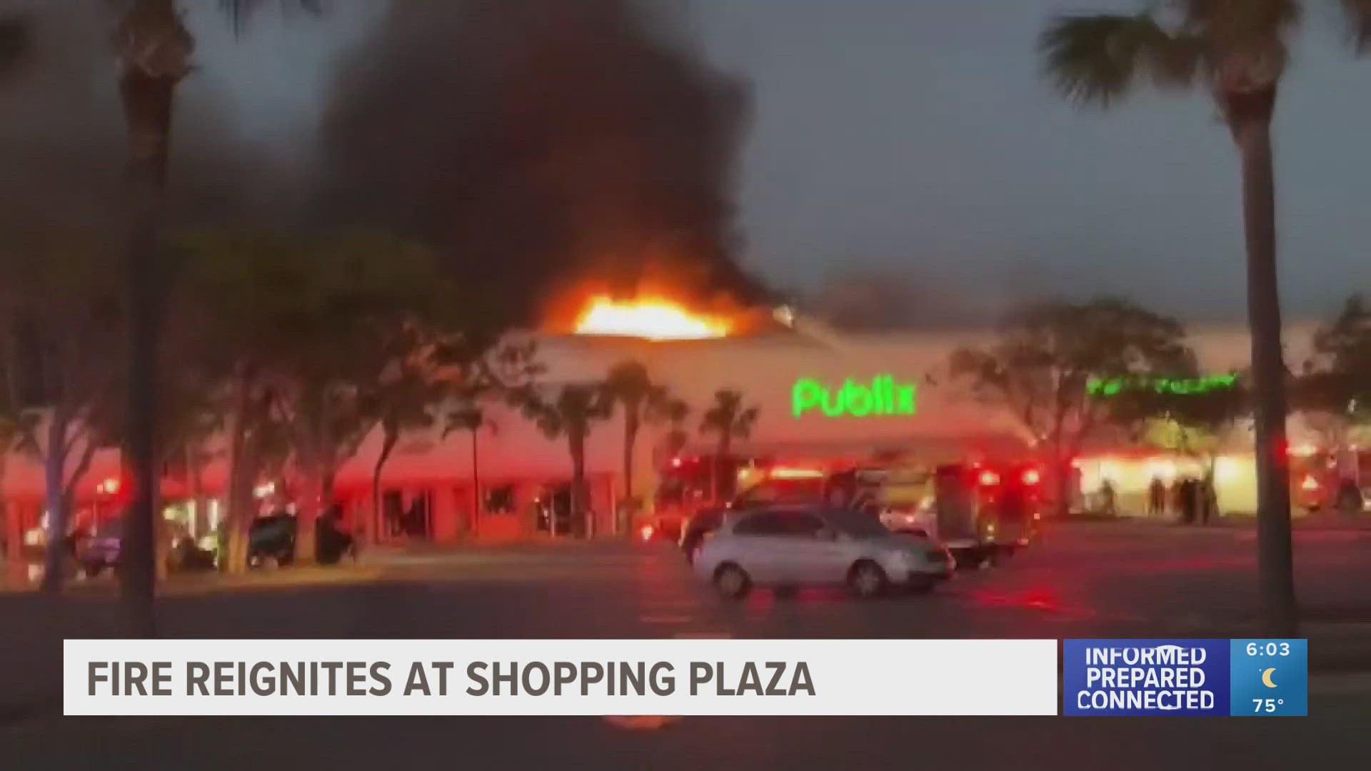 A fire that first broke out Tuesday afternoon in the CVS at a St. Pete Beach shopping plaza reignited Tuesday night, with flames spreading to the adjacent Publix.