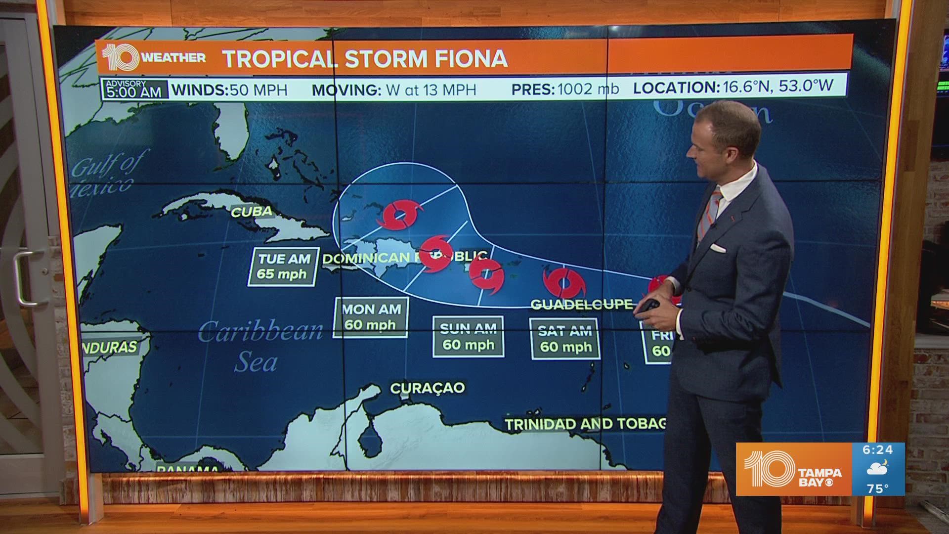 Satellite data shows Tropical Depression Seven strengthened Wednesday night, becoming Tropical Storm Fiona as it moves toward the Leeward Islands and Puerto Rico.