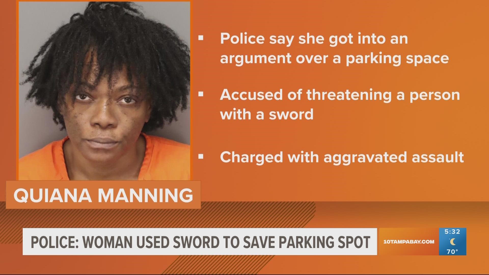 Police said she got into an argument over a parking spot and threatened another driver with a two-foot sword. She was arrested.