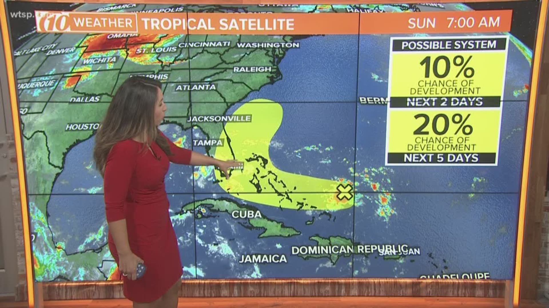 A tropical wave bubbling east of the Bahamas could develop into a cyclone during the next several days.

Although disorganized now, the National Hurricane Center says this area of disturbed weather located about 300 miles east of the central Bahamas has a 10-percent chance of developing during the next two days and a 20-percent chance into the next five days. It is moving west at about 10-15 mph.