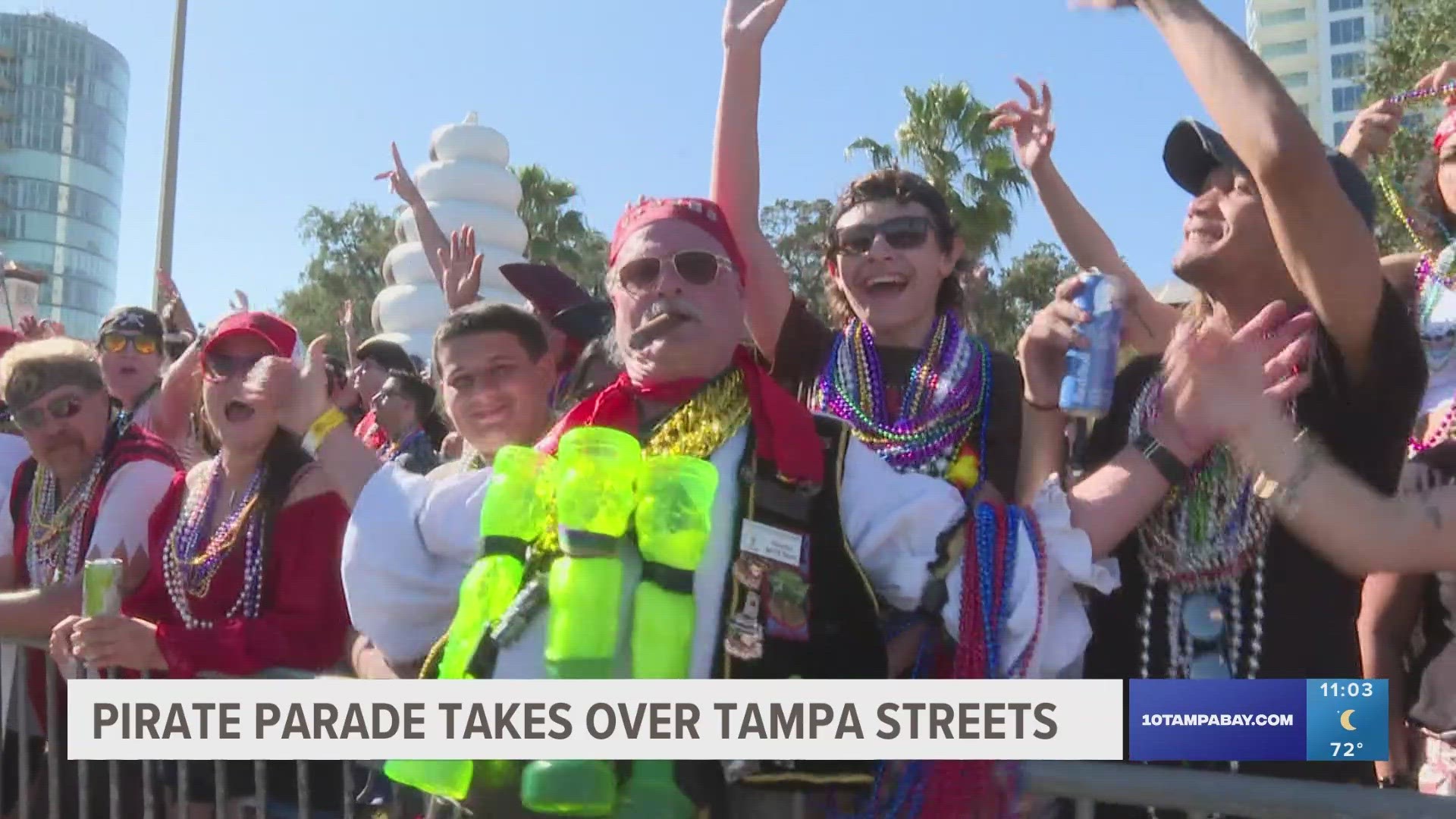 Hundreds of pirates lined the streets looking to collect a bounty full of beads.