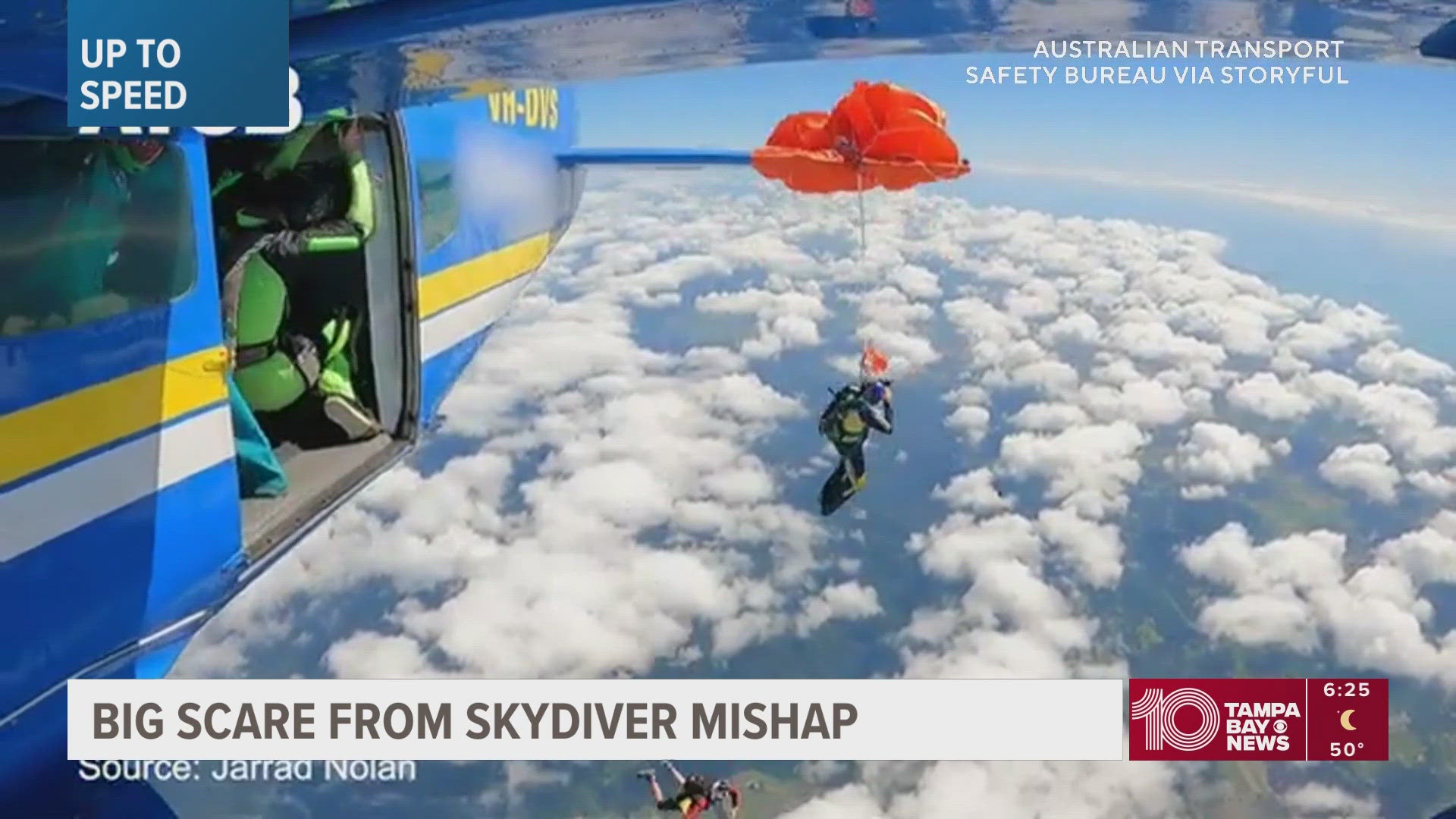 Skydiver dangles at 15,000 feet after parachute catches on plane's tail