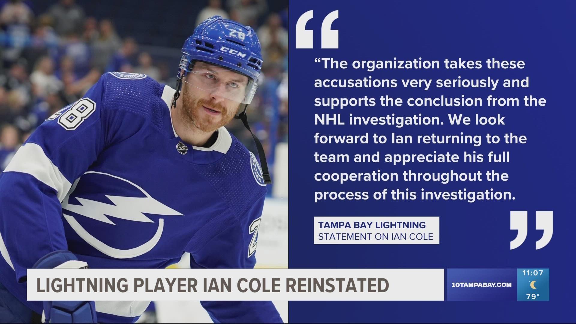 This comes after Cole was suspended while the NHL investigated allegations that the defenseman groomed and sexually abused a minor.