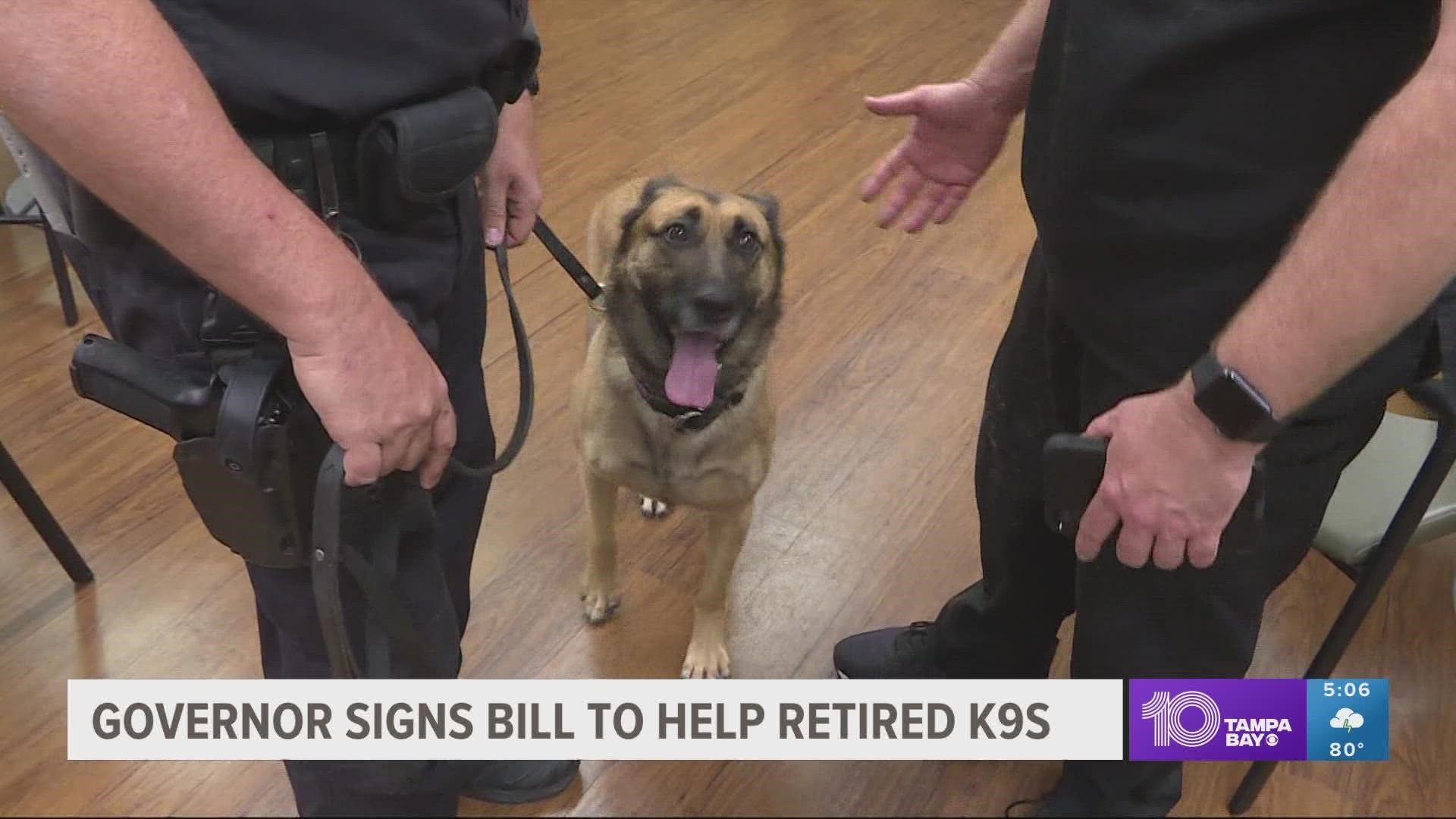 The new law will help ease the cost of vet care for aging, retired K-9s, allowing their owners and caretakers to afford their care.