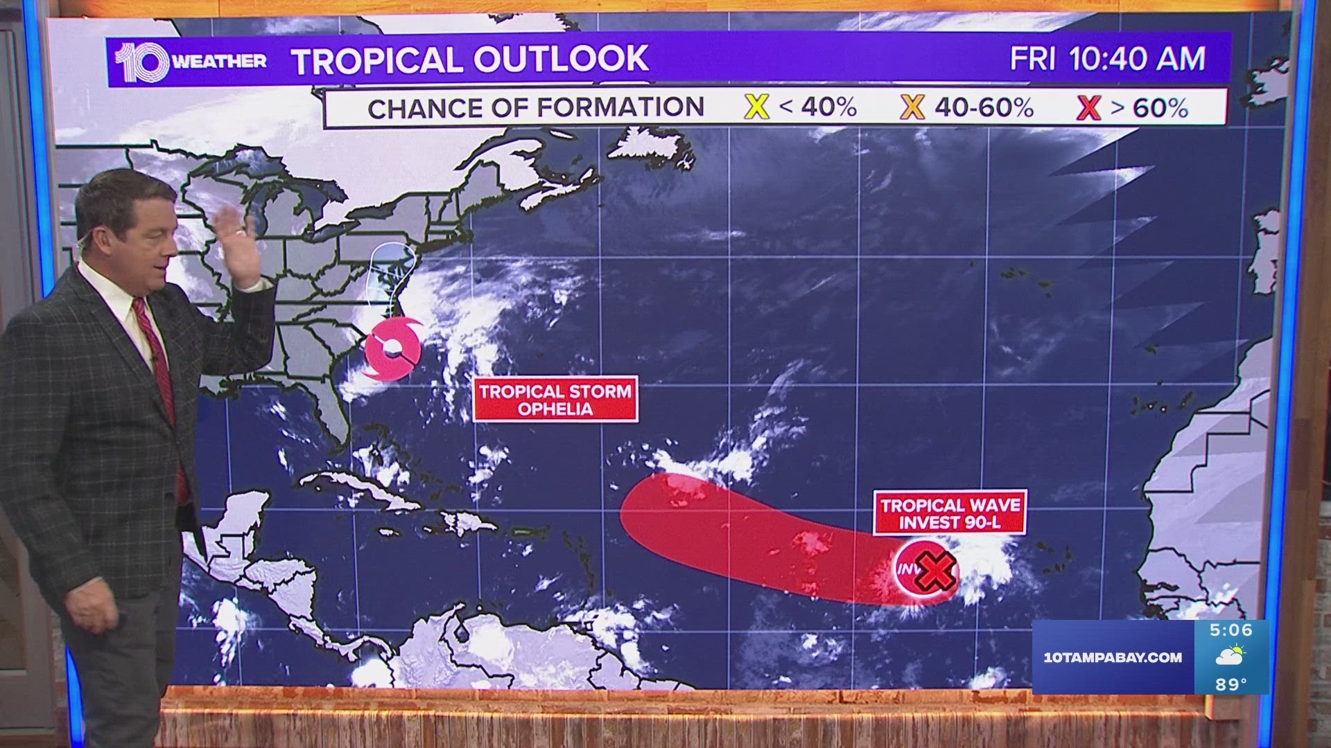 70-mph Tropical Storm Ophelia nears hurricane strength off the North Carolina coastline, prompting a hurricane watch.