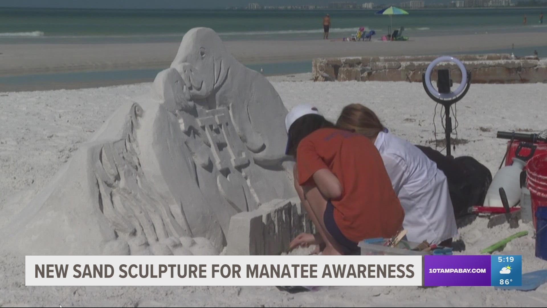 The recent threat to sea grass along the Florida coast was the inspiration behind the sand sculpture.