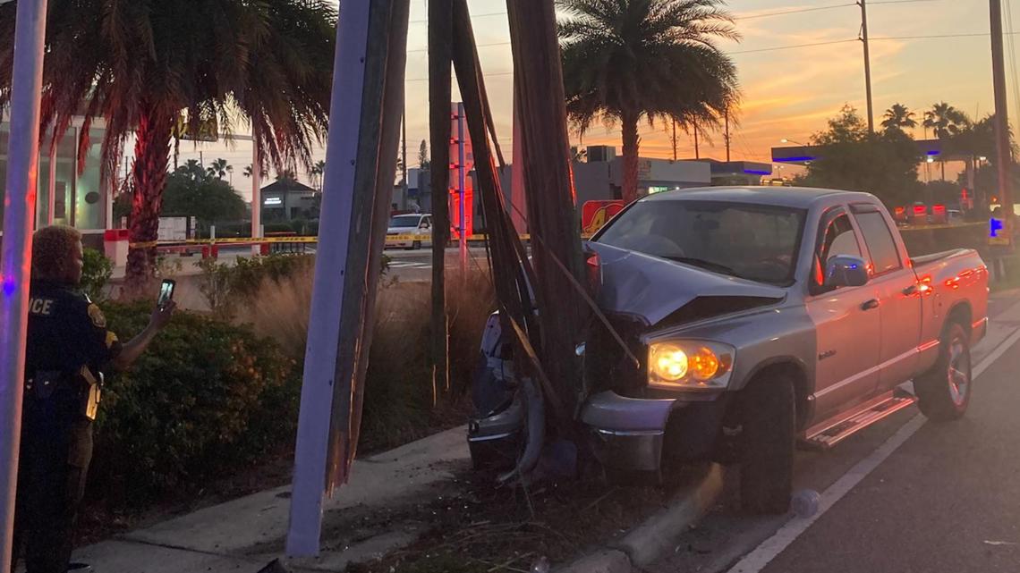 Pickup truck hits power pole on Gulf-to-Bay Boulevard in Clearwater