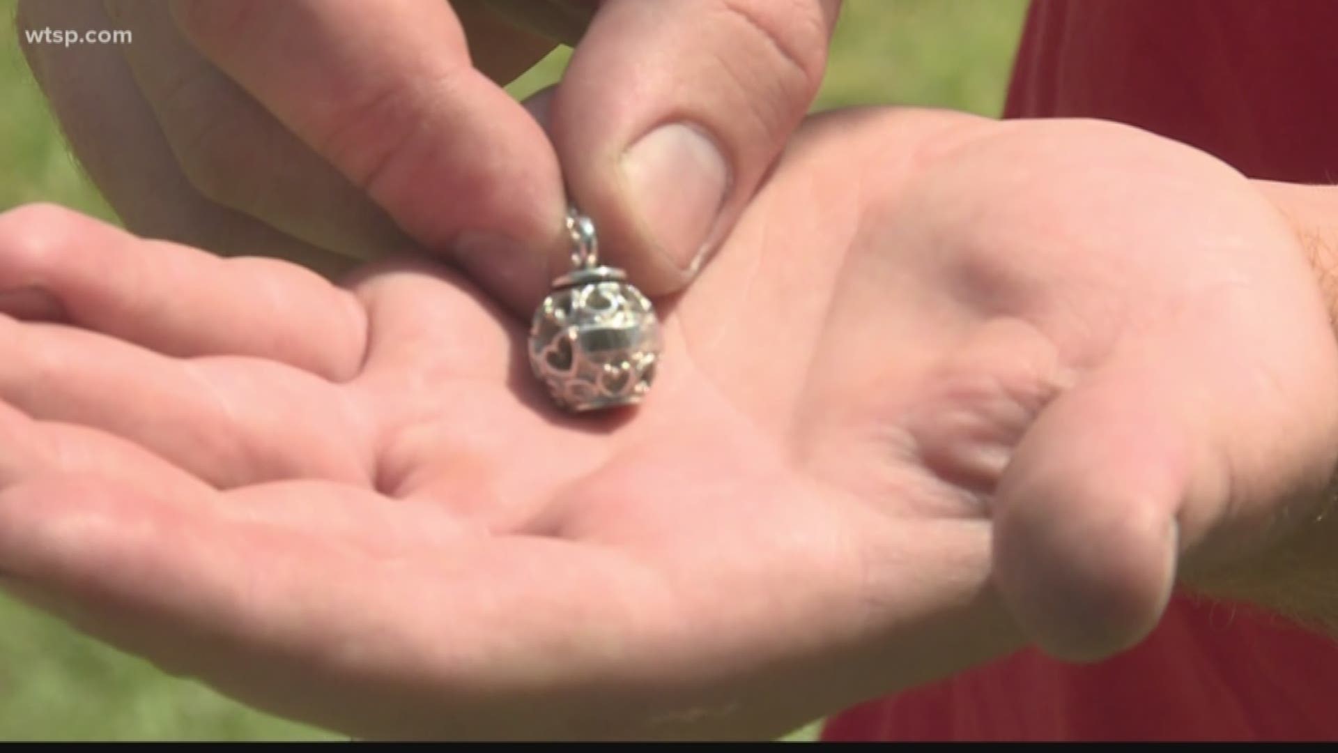 A man swimming Sunday night at Siesta Key Beach found a necklace with someone’s mother’s ashes inside.

Shawn Rauch is hoping to find the rightful owner.

Rauch posted to Facebook on Monday afternoon of the silver necklace with the word "Mom” inscribed in the middle of it.